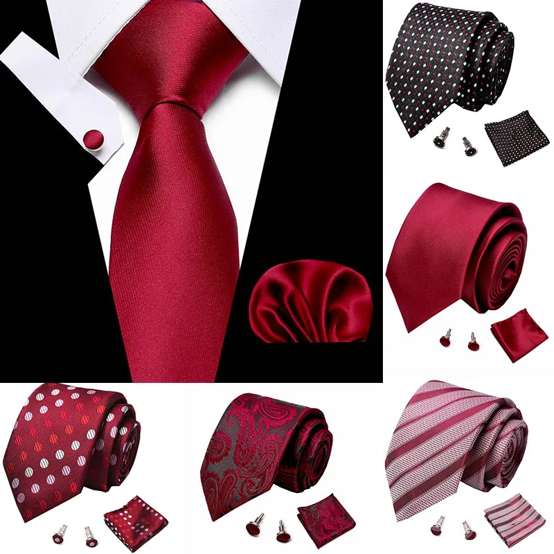 

Wedding Men's Tie Handkerchief Cuffink Necktie Set Jacquard Woven 7.5 cm 100% Silk Red Soild Necktie Accessories Luxury Bow Tie