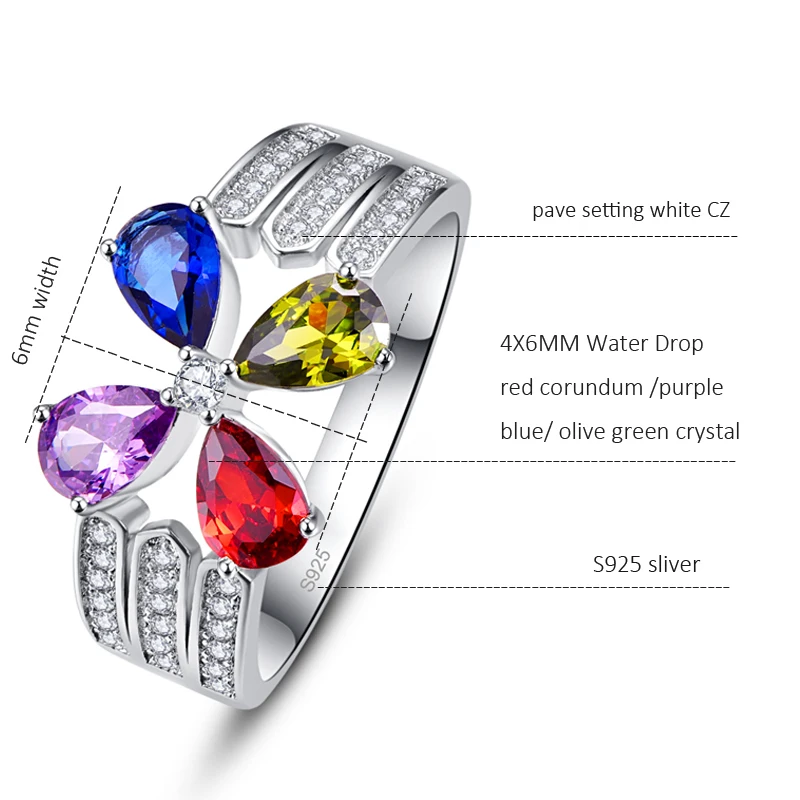 BONLAVIE Luxurious 4 Colors Flower Rings for Women Wedding Jewelry 925 Sterling Silver Water Drop Blue Yellow Purple Red Crystal | Украшения