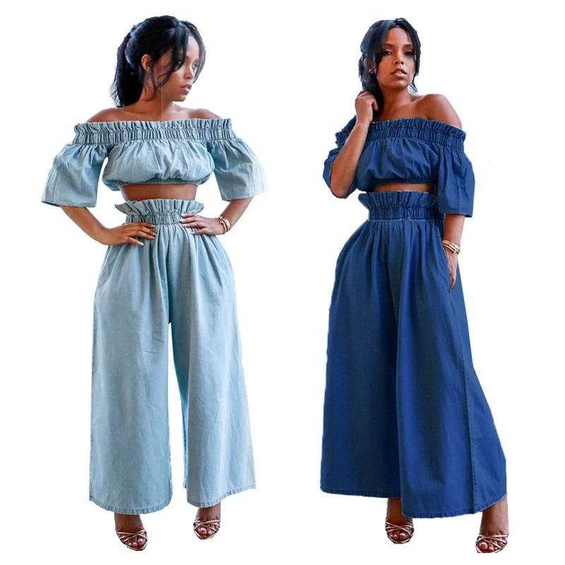 

Off Shoulder Denim Tracksuit Women Two Piece Set Summer Clothes Short Sleeve Crop Top + Wide Leg Pants Suit Casual Loose Outfits