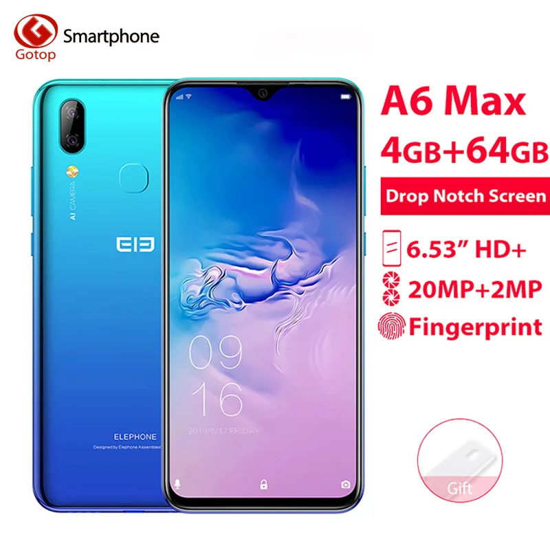 Elephone A6 MAX 6 53 ''Android 9 0 4 Гб 64 MT6762V смартфон четыре ядра 20MP отпечатков пальцев 5 V/2A