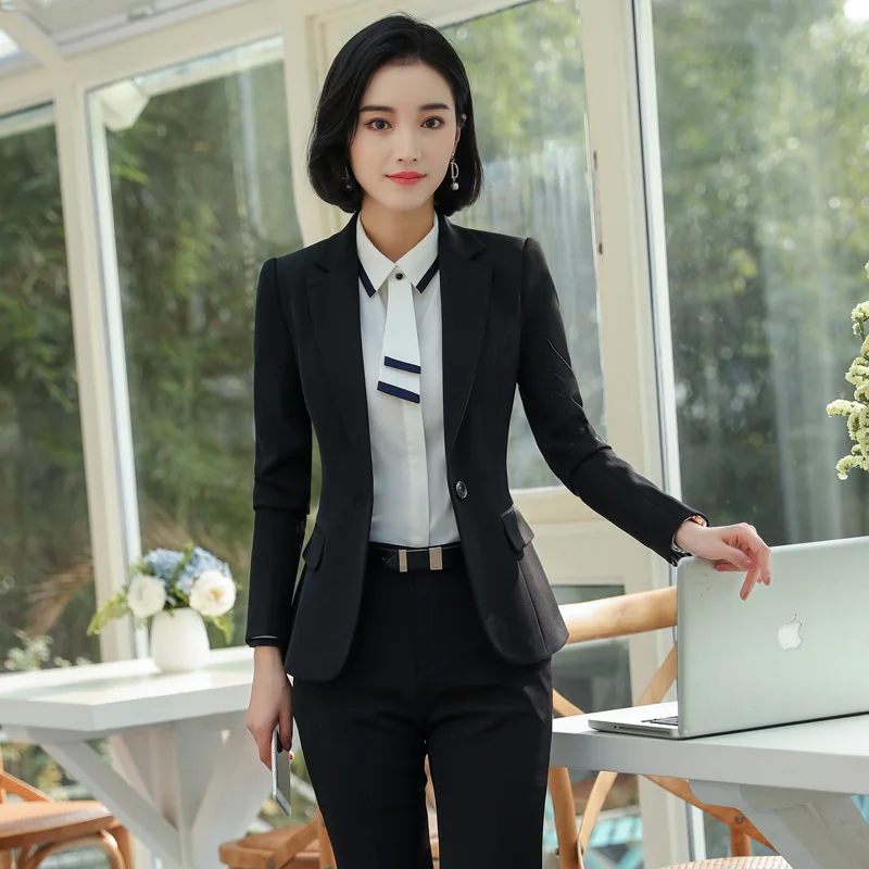 IZICFLY Spring Autumn Style Blue Uniform Business Suits with Trouser Elegant Slim Office Blazer Set For Women Work Wear-Thick