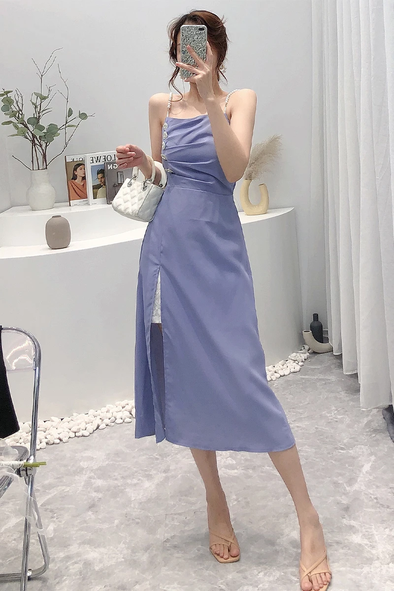 

Lace Stitching Slit Midi Dress for Women High Waist Slimming Pearl Suspender Dress Female Summer Sleveless A Line Dress