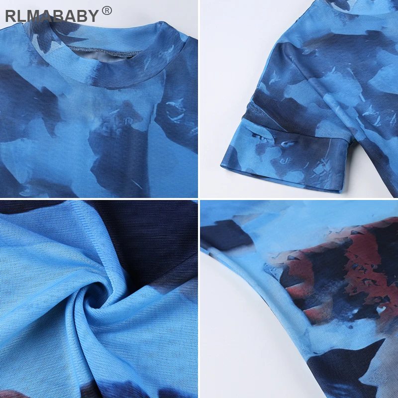 

Summer Women High Street Tie Dye Print Package Hip Mini Bodycon Dress Office Lady Slim O Neck Short Sleeve Sexy Party Mesh Dress