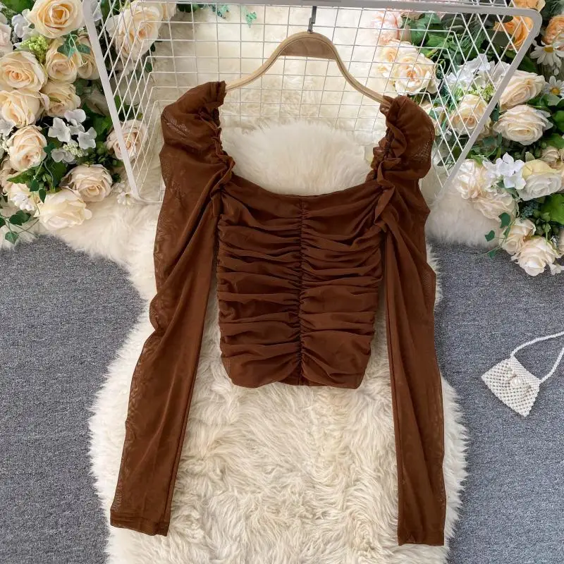 

2020 Spring Autumn Women Sexy Crop Tops Fashion Long Sleeve Square Collar Folds Short Blouse Ladies Slim Shirts