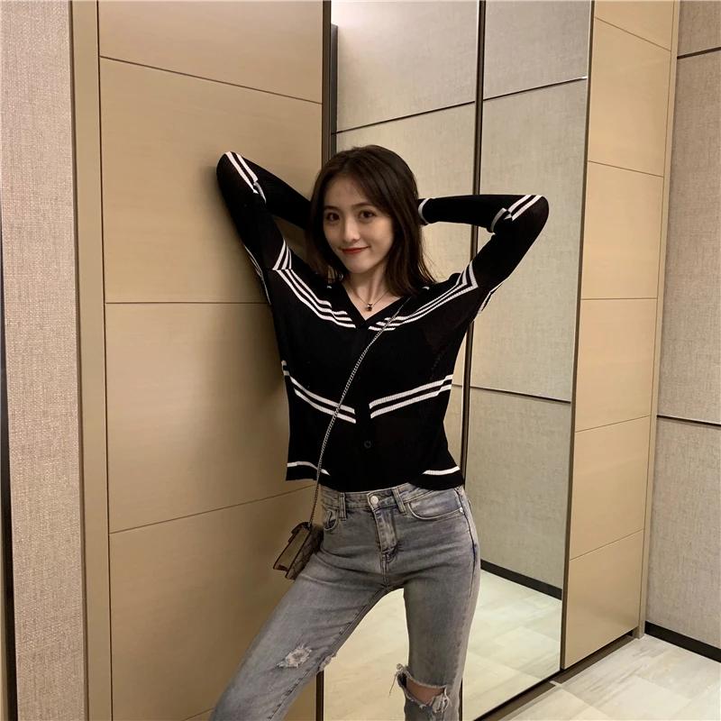 Осенняя мода кардиганы Feminino 2019 низкий v-образный вырез в полоску на пуговицах