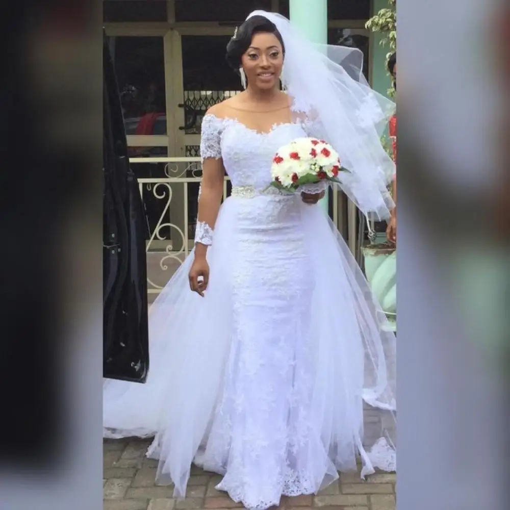 

Long Sleeves White Mermaid Wedding Dresses Detachable Overskirt Train Lace Appliques African Bridal Wedding Gowns Plus Size