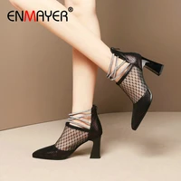 enmayer basic square heel genuine leather pointed toe casual zip luxury shoes women pu springautumn fashion women heels