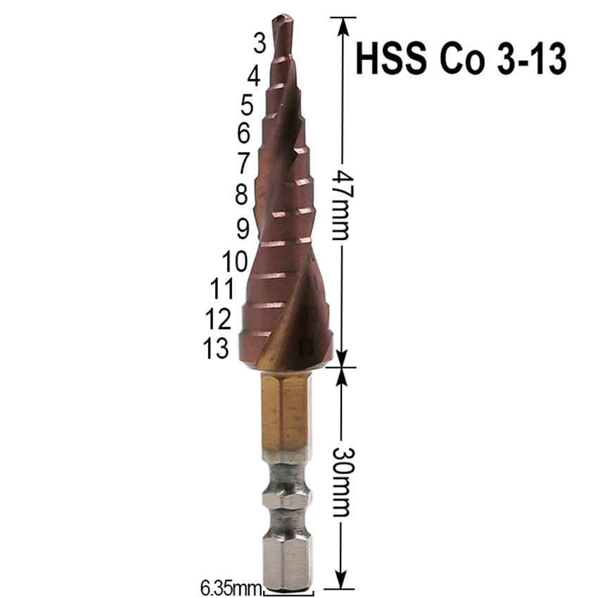 

Hex Handle Cobalt Steel Step Drill Bit 3-13mm M35 Wood Metal Hole Opener Countersunk Drill Double-Edged Pagoda Drilling Tool