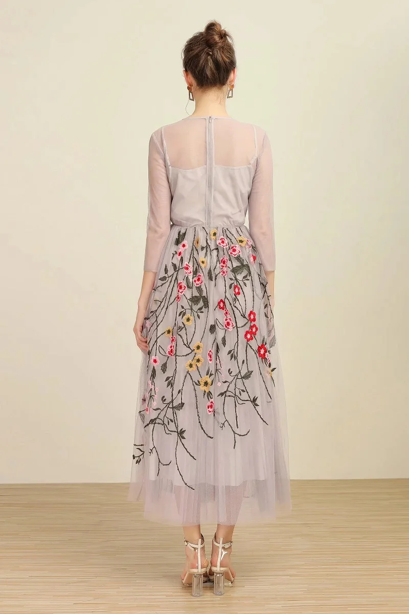 

High Quality New 2020 Spring Summer Long Party Evening Vestidos Women Luxurious Embroidery Ankle Length Grey Maxi Dress Mesh