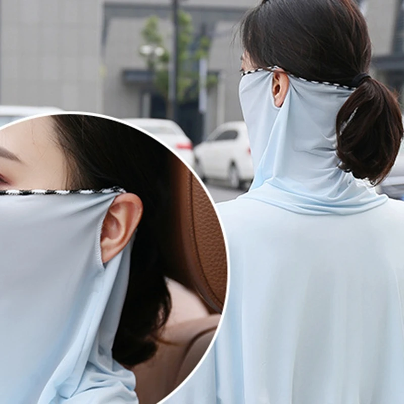 

Women Summer Ice Silk Sun Protection Shawl Long Sleeve Wrap Cloak With Mask Driving Cycling Beach Thin Sunscreen Cloak