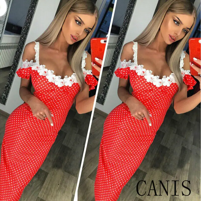Новое модное женское платье с открытыми плечами сексуальное кружевное в горошек