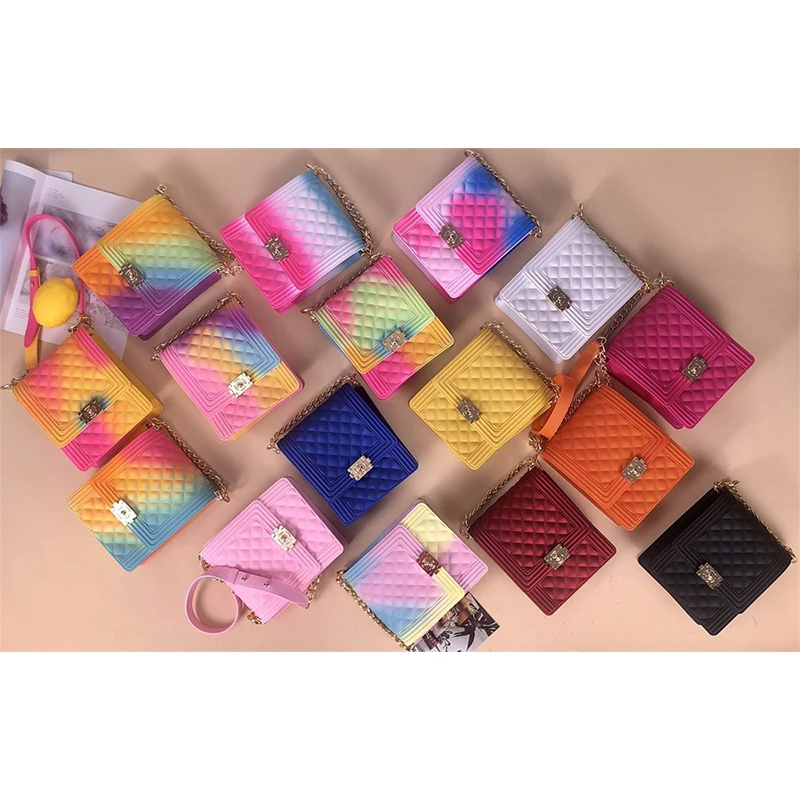 

Matte Rainbow Color Vertical Diamond Pattern Handbags For Women Neon Fashion Mini Crossbody Bag With Chain PVC Purse