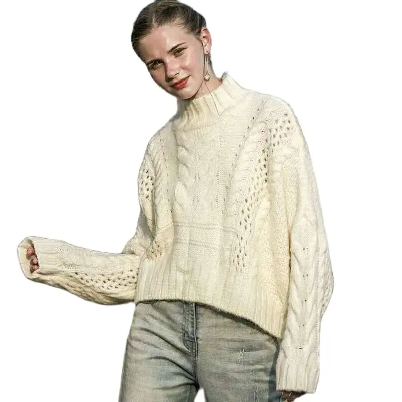 

2021 New Fashion Autumn/winter Autumn/winter Thick High-Neck Loose Long-sleeved Short Hedging Twist Blouse Knitted Sweater Women