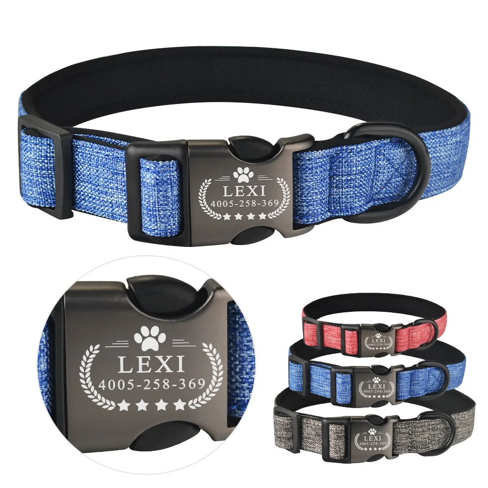 

Personalized Dog Collar Soft Fabric Collar Custom Engraved Dogs Name Buckle S-L