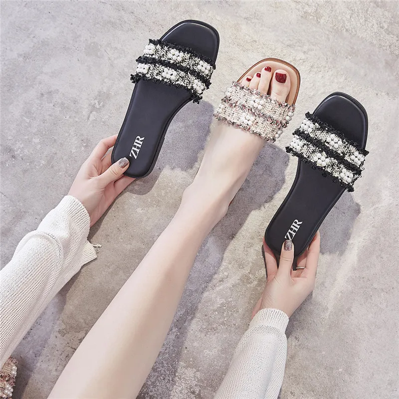 Женские шлепанцы с жемчугом богемные сандалии на плоской подошве роскошные