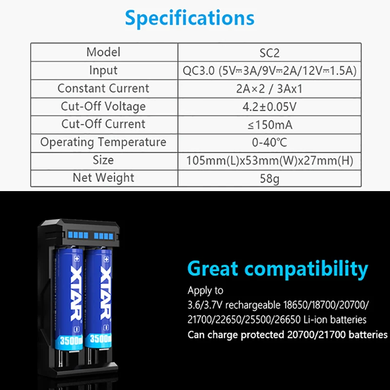 XTAR Зарядное устройство ЖК дисплей VC2 SC2 VC2S MC2 плюс USB Батарея для 20700 21700 18700 22650 25500