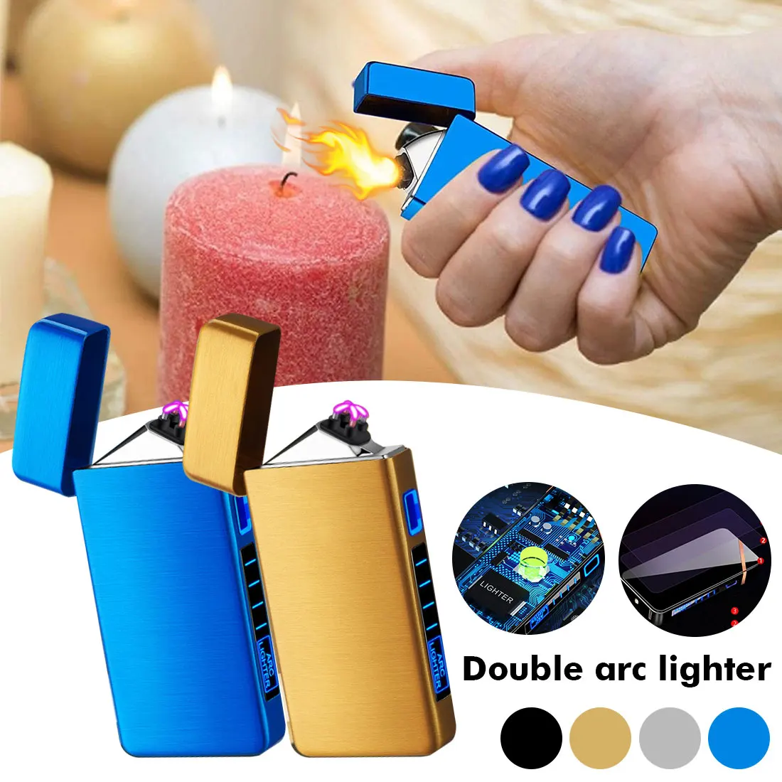 

Windproof Portable Mini Cool Double Arc Electric Lighter LED Lighting Flashlight USB Rechargeable Lighters Power Display Outdoor