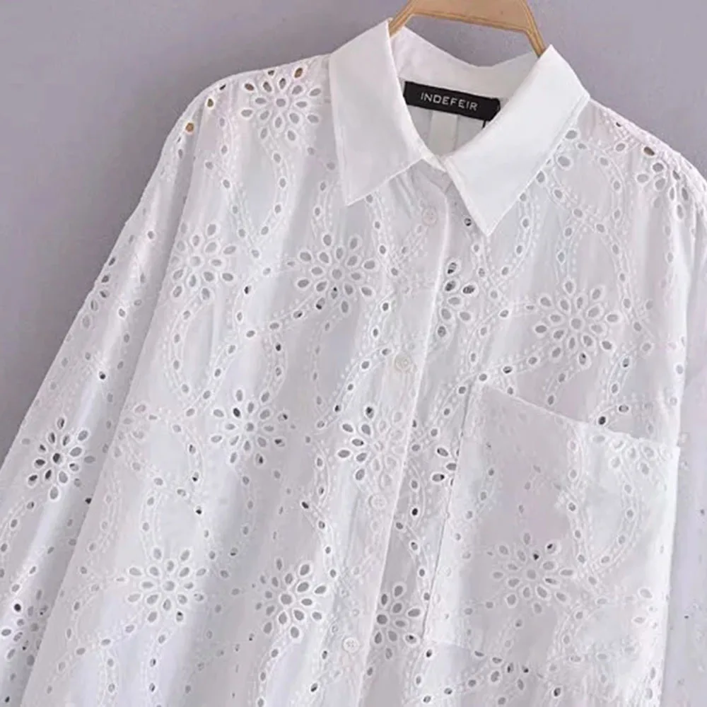 

Namby-Pamby 2021 Summer Women Vintage Cotton White Long sleeve Oversize Shirt Female Streetwears Single-Breasted Hollow Out Top