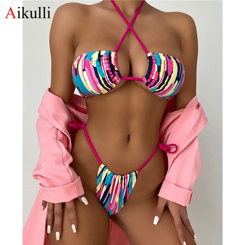 

Sexy Solid Color Bikini 2021 Swimsuit Women Halter Lace Up Wrap Around Bikini Set Thong Swimwear Summer Bather Bathing Suit Swim