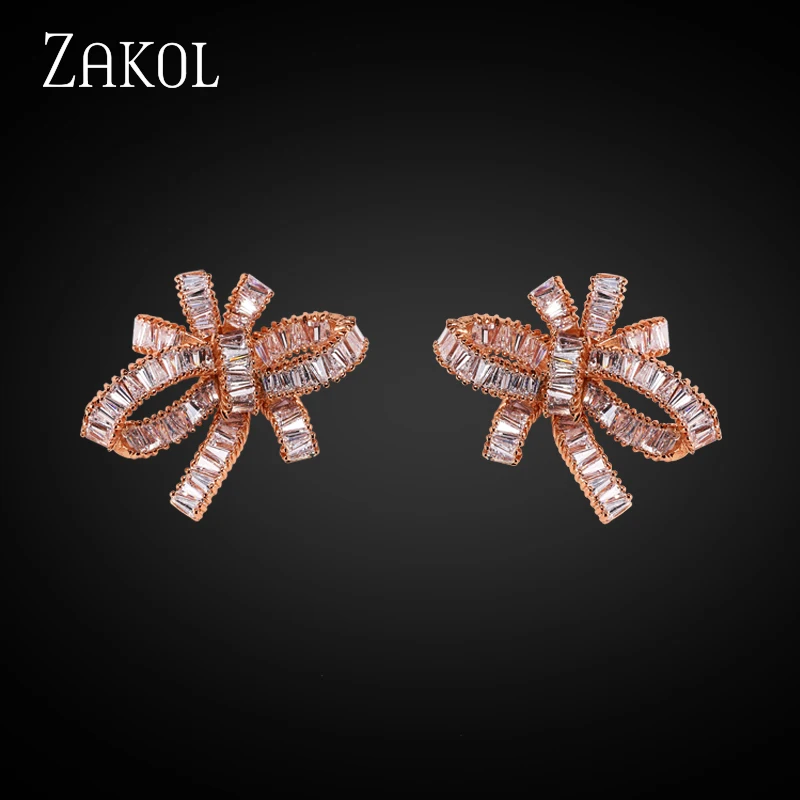 ZAKOL изысканные циркониевые серьги-гвоздики с закрученным сердечком и узлом роскошные белые свадебные украшения для элегантных женщин FSEP366 - Окраска металла: Rose Gold Color