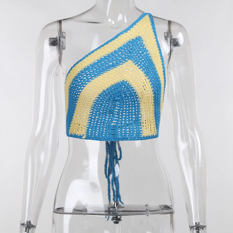 

2021 New Arrivals Summer Fashion Single Shoulder Sleeveless Patchwork Backless Banadage Bodycon High Street Women Tops Camis