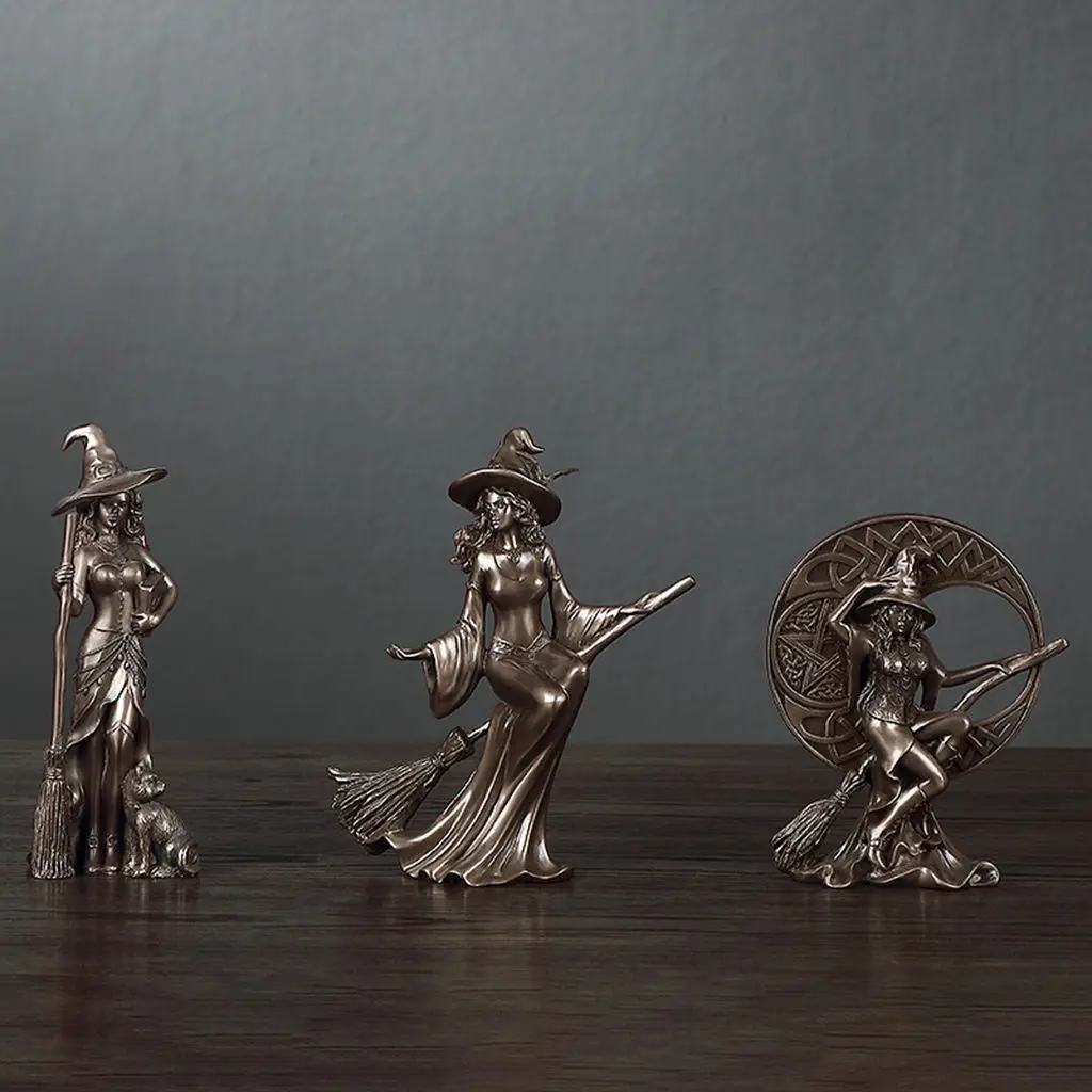 

3 PCS Resin Cast Bronze Western Art Abstract Witch Figurines Novelty Wizard Sculpture Home Bookshelf Tabletop Statue Decor