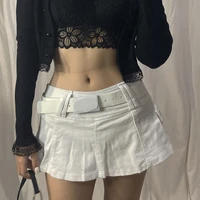 y2k aesthetic solid black white pleated denim mini skirt for women cute girls high waisted pleated jean skorts skirt with shorts