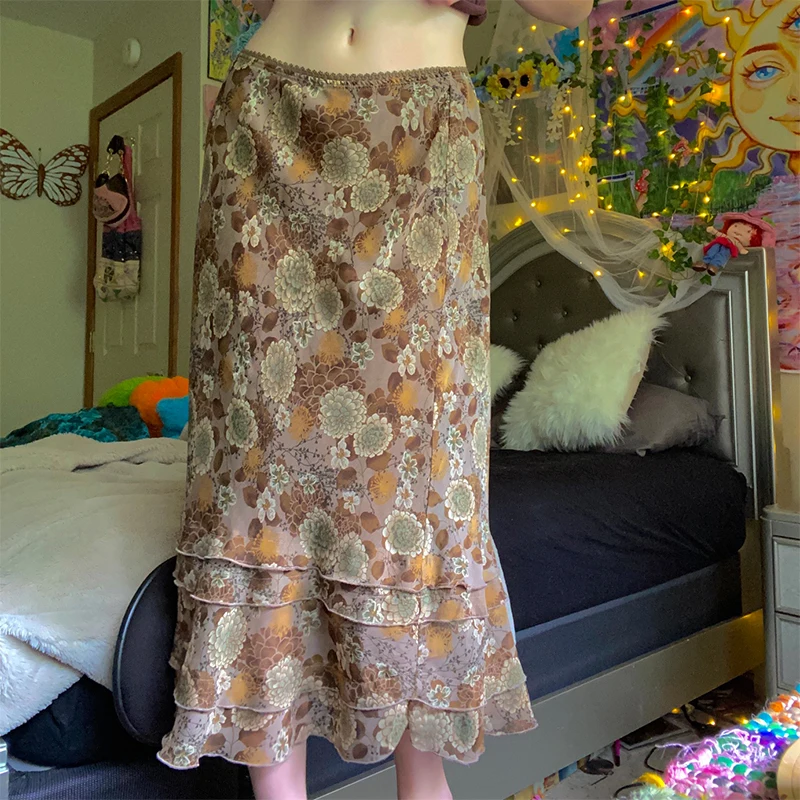 

Women Multi-layer Long Skirts Vintage Printing Stitching High Waist Long Ruffle A-line Skirts For Spring Summer