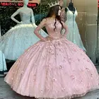 Розовое блестящее Тюлевое бальное платье с блестками и кристаллами, платье для Quinceanera с круглым вырезом и длинным рукавом, милые праздвечерние чные платья ручной работы с цветами 15 дюймов для выпускного вечера