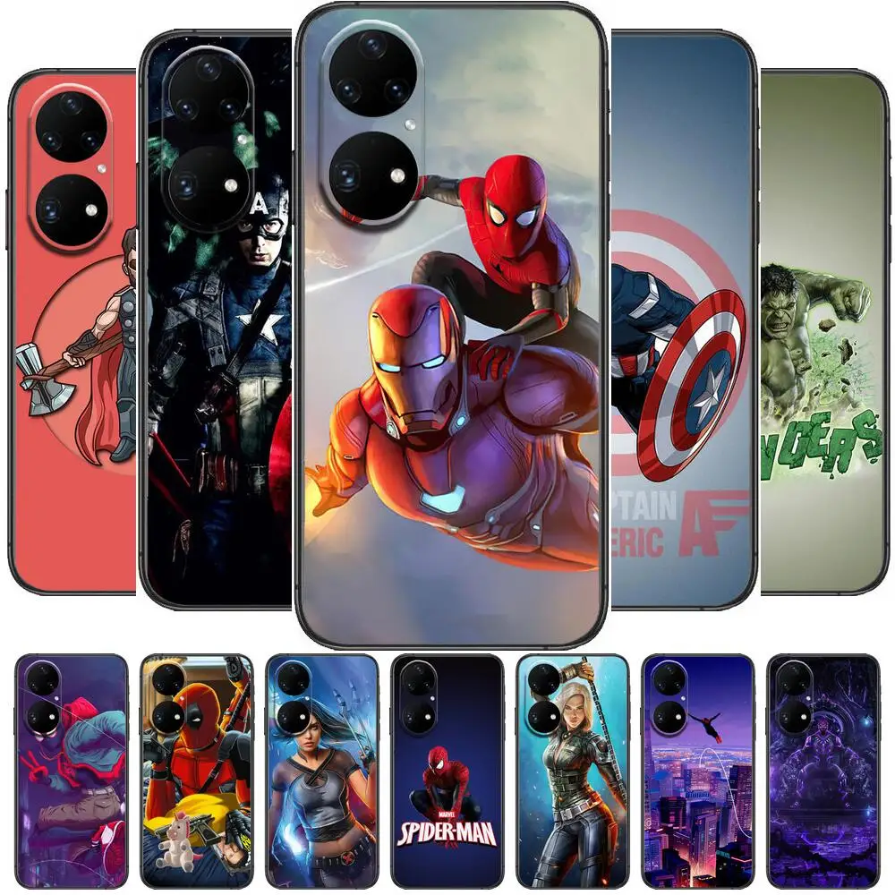 

Spiderman iron Man Captain America Phone Case For Huawei p50 P40 p30 P20 10 9 8 Lite E Pro Plus Black Etui Coque Painting Hoesje