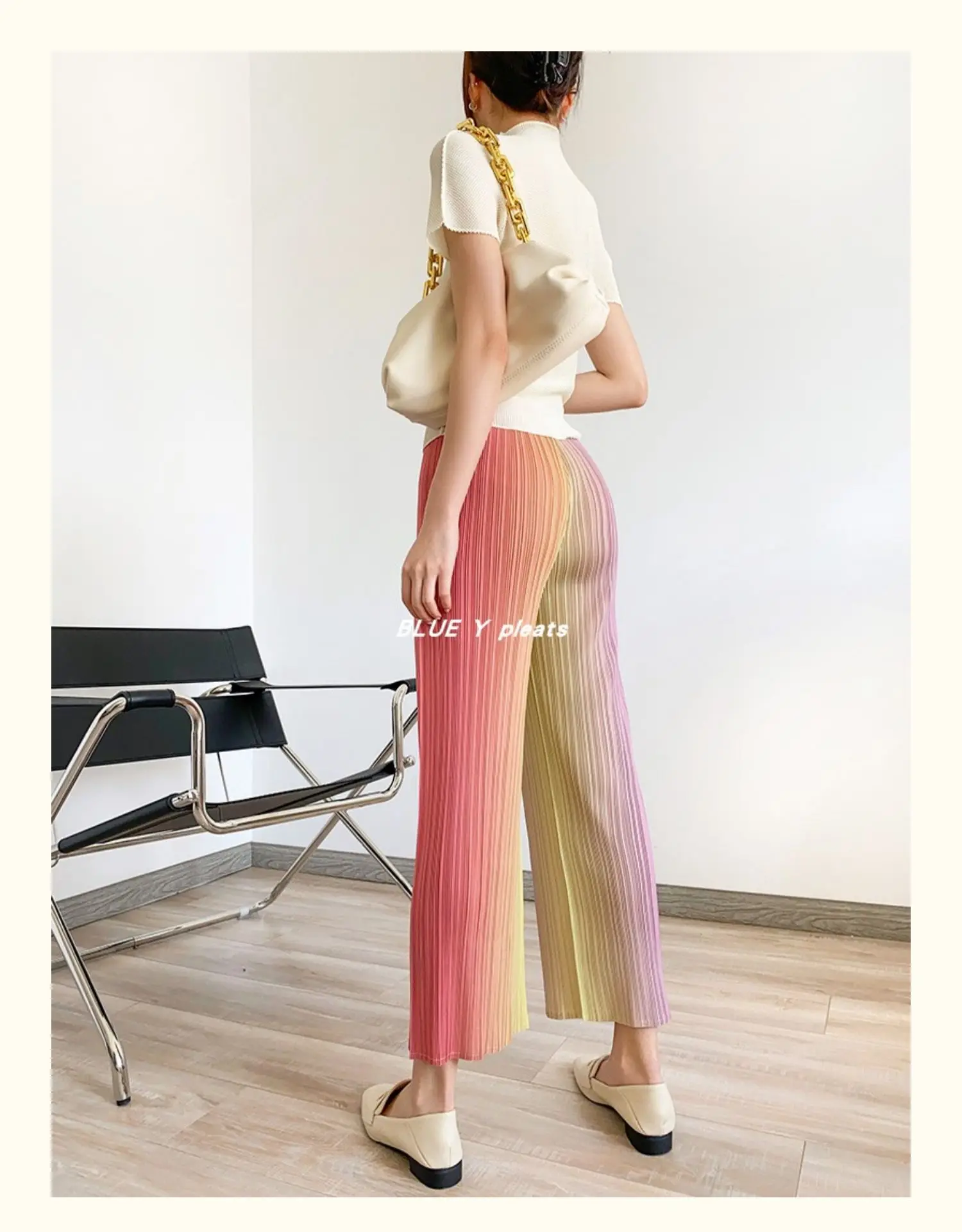 HOT SELLING miyake Fashion  pleated Medieval rainbow gradient straight-leg pants IN STOCK