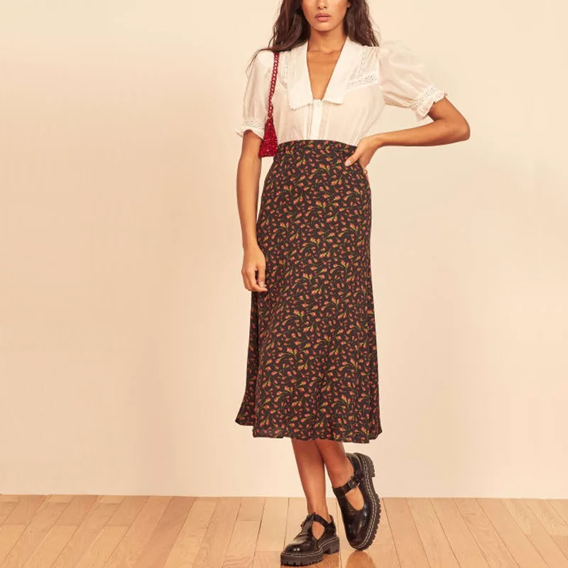 

2021 Summer Floral Print Elegant Retro Thin Mid-length A-line Skirt Women's Casual Flower Print High Waist Skirt