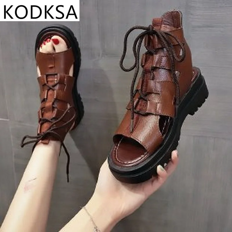 

2021 Summer New Korean Style Fish Mouth Thick-soled Lace High-top Sandals Women Soft Leather Hollow Roman Beach Shoes Large Size