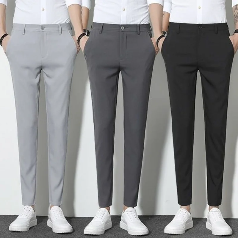 

Black Casual Pants Mens Fashion Stretch Suit Pants Skinny Trousers Korean Straight Ankle-Length Suit Pants Men's Dress Pants 34