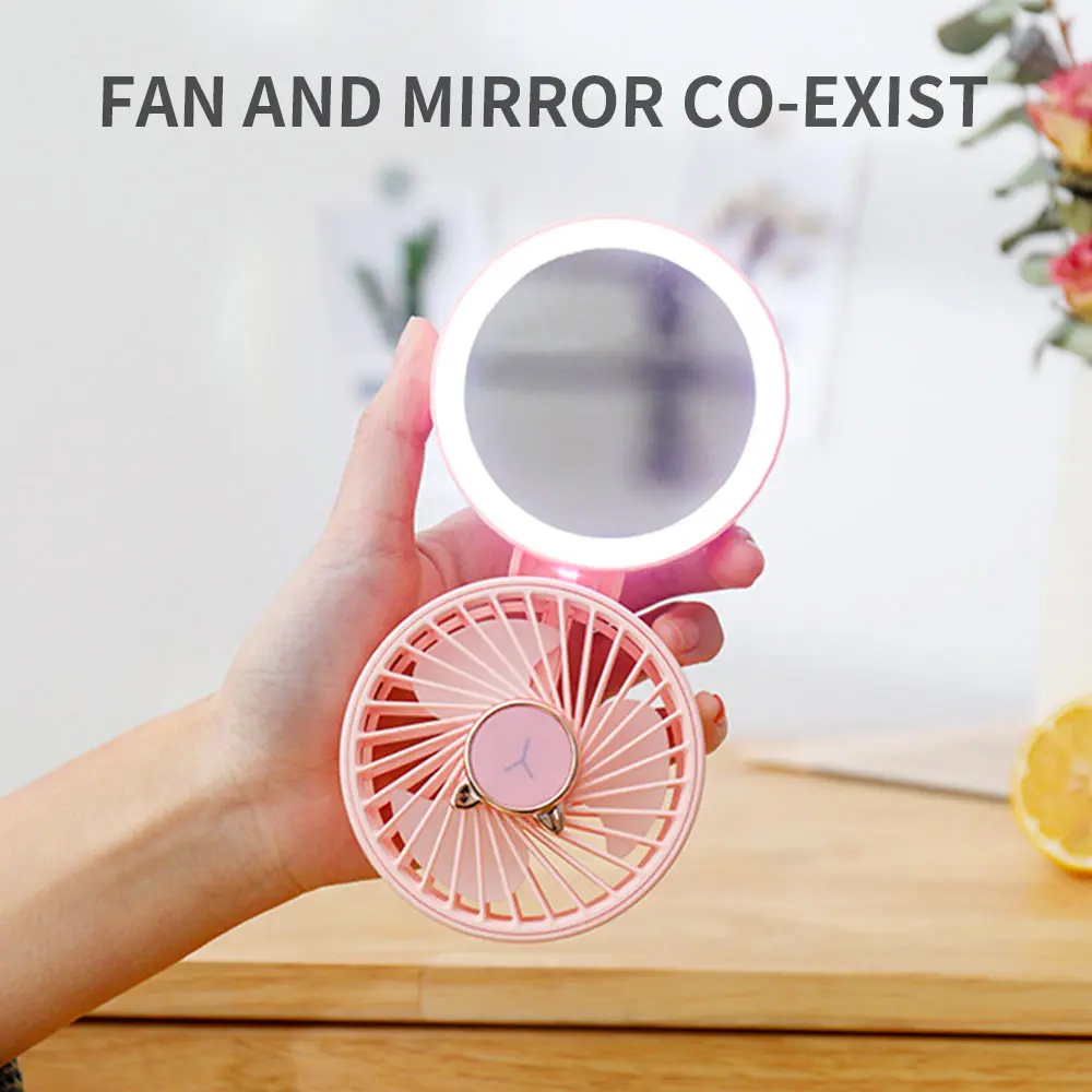 

Portable Fan 2 In 1 Mini Handheld Fan Fold USB Rechargeable Battery Makeup Mirror Pocket Fan Usb Rechargeable Personal Fan