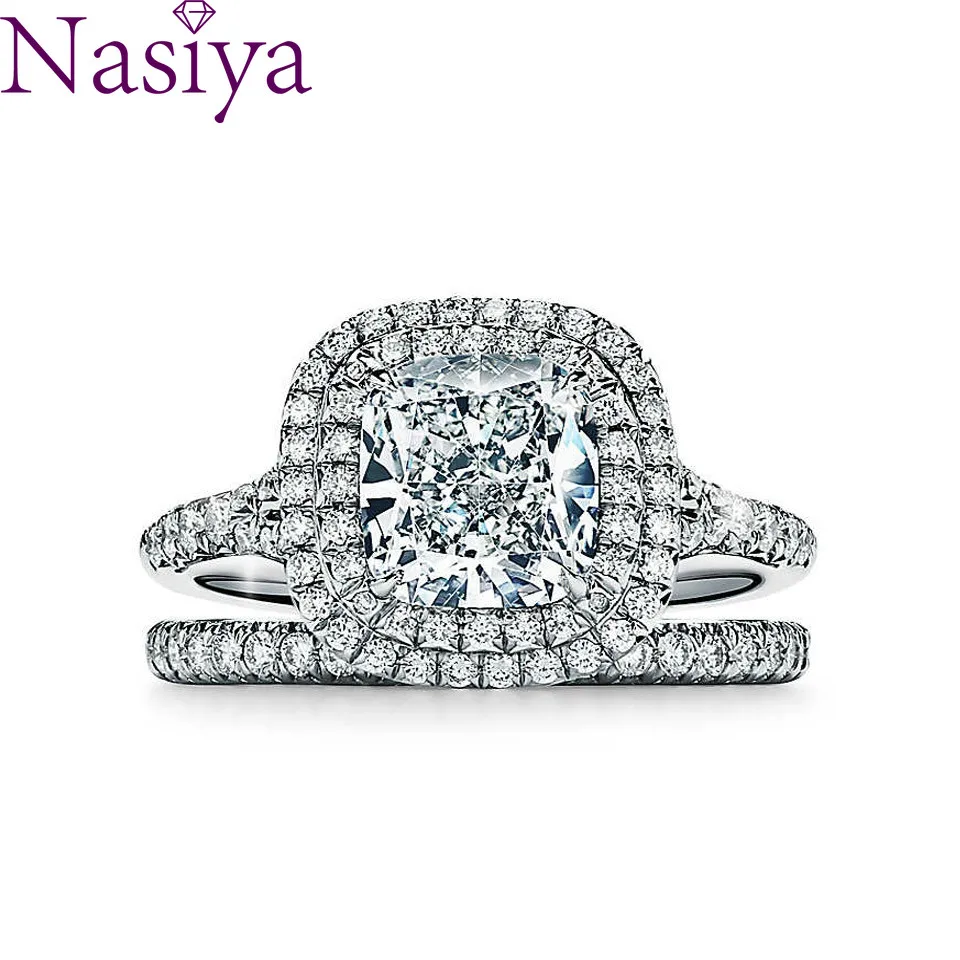 NASIYA 14K 585 Белое золото 1ct 6 мм EF цвет Подушка Cut Moissanite двойной Halo обручальное кольцо