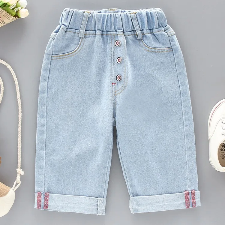 

OHMETOY 2021 New All-match Summer Children's Neutral Three-button Denim Pants Cropped Pants Boys and Girls Solid Pants