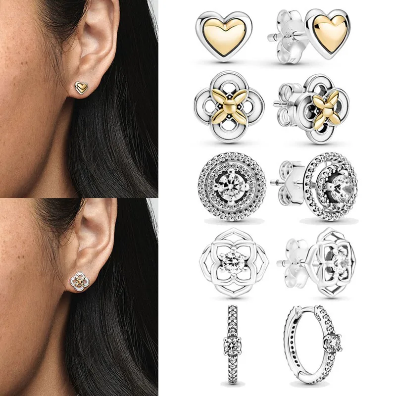 

New Hot 925 Sterling Silver Flower Shining Double Ring Heart-shaped Original Women's Pan Earrings Sterling Silver Jewelry