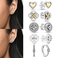 new hot 925 sterling silver flower shining double ring heart shaped original womens pan earrings sterling silver jewelry