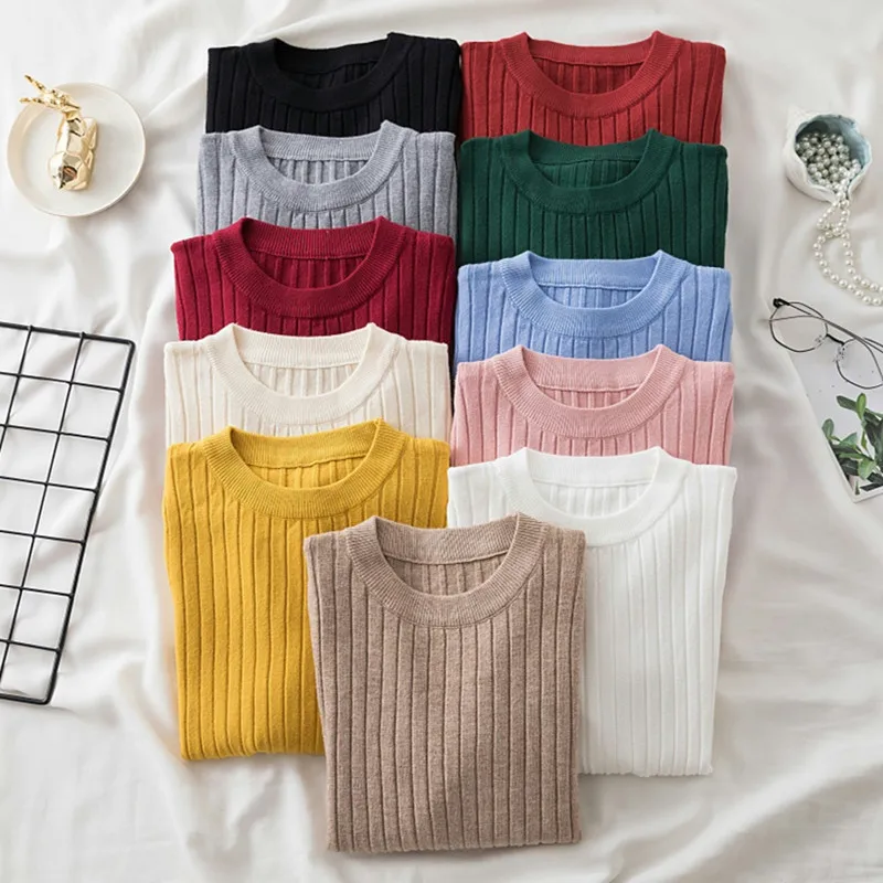 

Women Casual O-Neck Knitted Sweater Winter Fashion Korean Slim Elastic Long Sleeves Ladies Pullovers Sweater Bottom Shirt