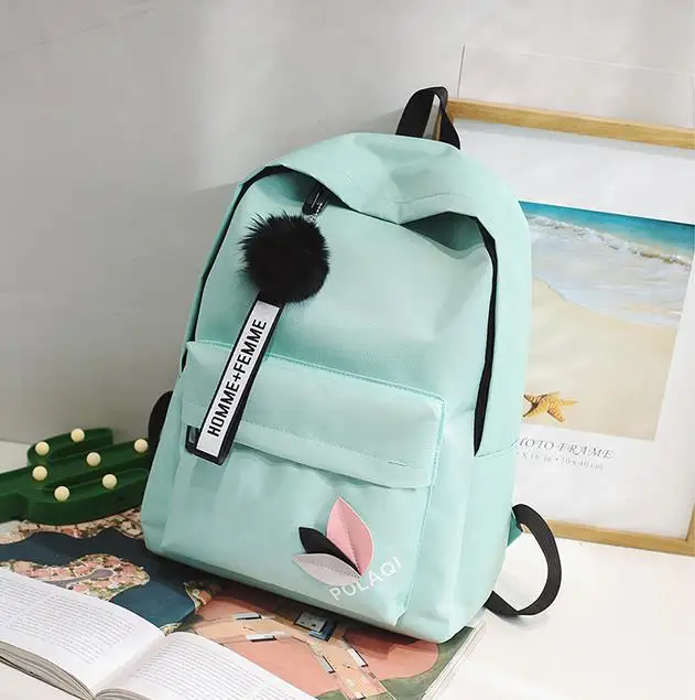 mint green Повседневный холщовый рюкзак, Студенческая сумка на плечо, модная школьная книга, рюкзак для подростков, с аппликацией, меховой шар, ранец, сумка в консервативном стиле - Цвет: mint green