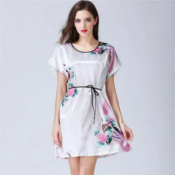 Размера плюс XXXL женский короткий атласный халат с принтом пеньюар с цветочным принтом сексуальное кимоно одежда для сна невесты Свадебный Халат - Цвет: White Nightgown