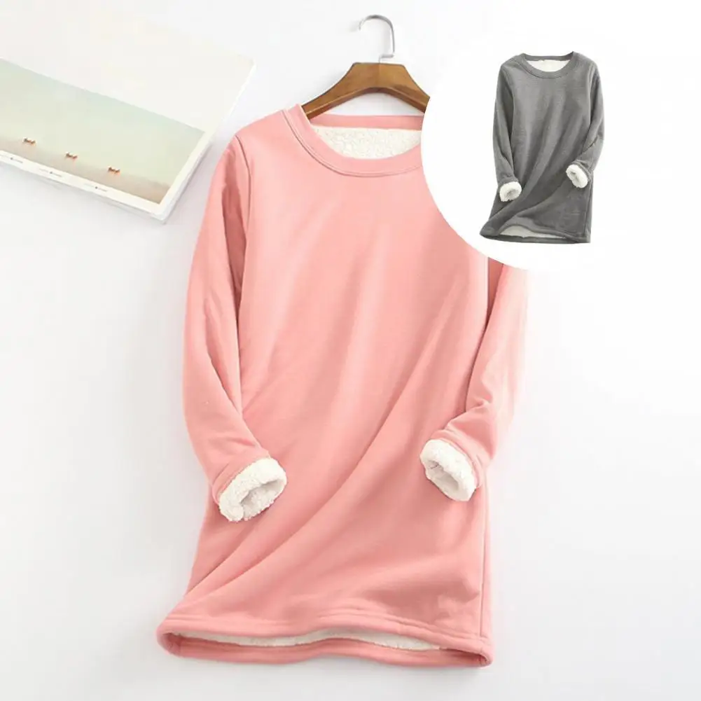 

Women Pullover Casual Pure Color Crew Neck Base Shirt Solid Color Plush Lining Women Blouse
