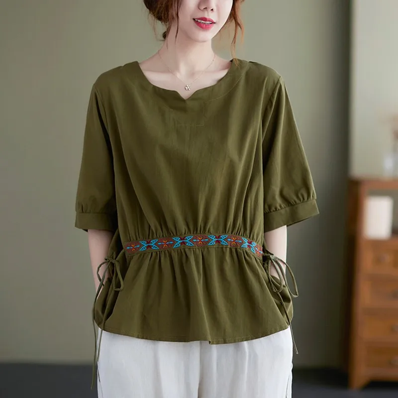 

Футболка женская оверсайз из хлопка и льна, Повседневная Свободная Удобная рубашка с рукавом до локтя, в винтажном стиле, B693, лето 2021