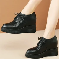 casual shoes women genuine leather wedges high heel platform pumps shoes female round toe fashion sneakers lace up punk trainers