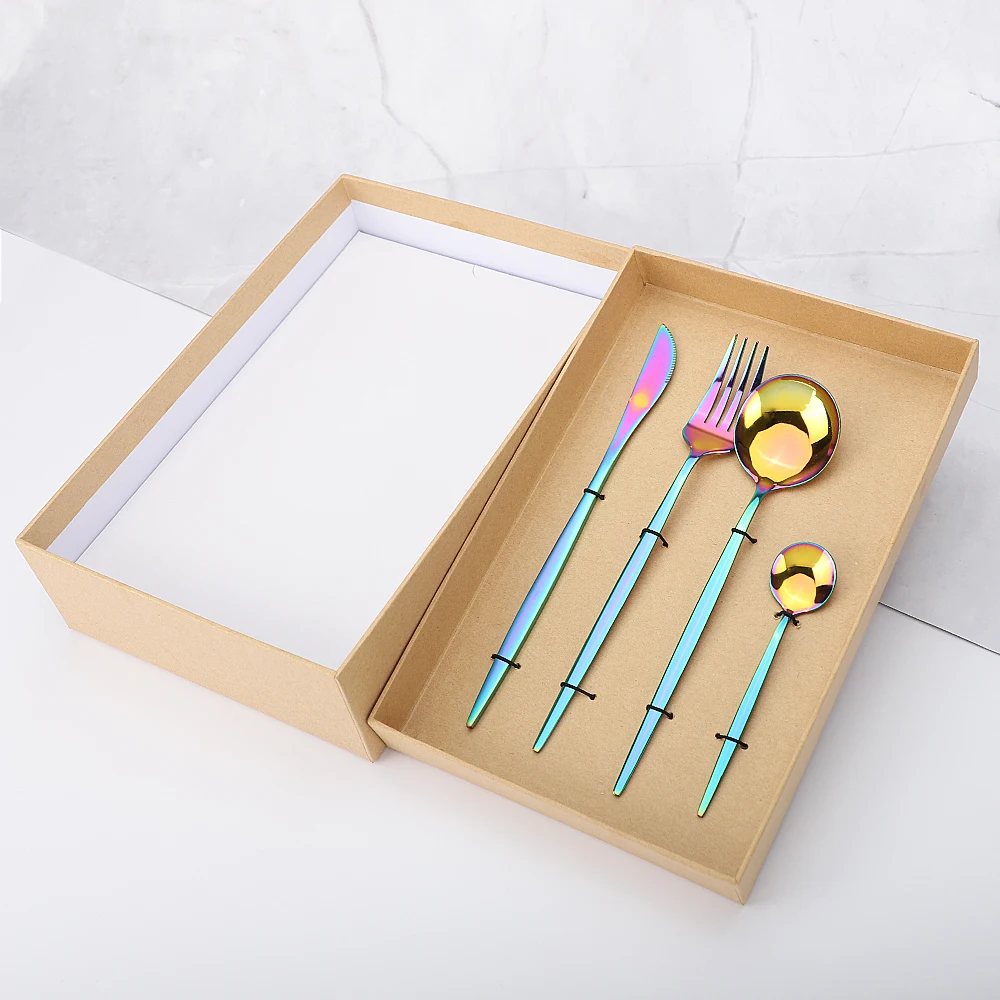 

Rainbow Cutlery Set Western 16 Piece Tableware Dinner Fork Spoon Knife Dinnerware Set with Cutlery Box Stainless Steel Tableware