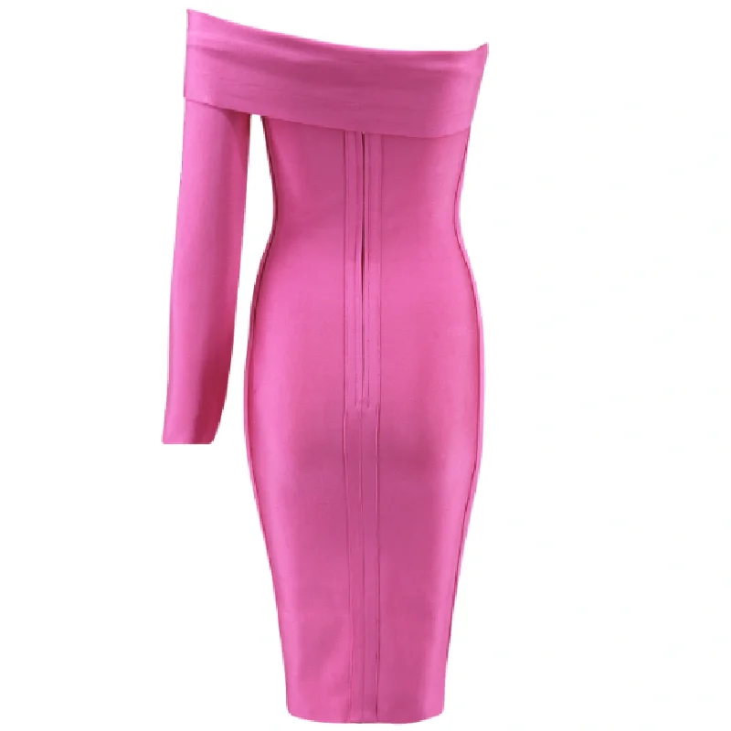 Европейское и американское модное розовое платье с одним словом длинным рукавом