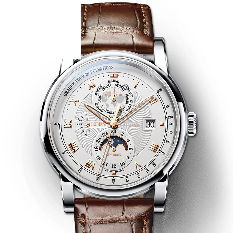 Швейцария LOBINNI мужские часы Moon Phase автоматические механические мужские наручные часы сапфир мировое время relogio masculin L16003-4 - Цвет: 03