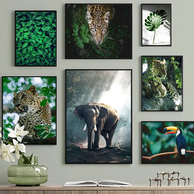 

Animal Leopard Elephant Canvas Wall Print Jungle Monstera Plant Leaf Art Painting Toucan Poster Modern Home Decoration Pictures