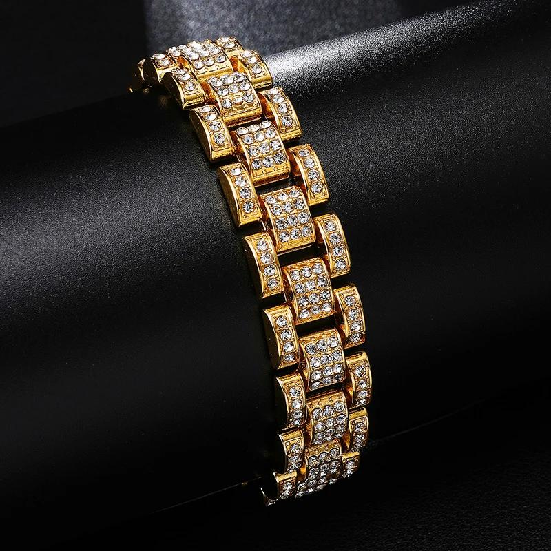 Хип хоп Iced Out Bling цвета: золотистый, серебристый полный часы со стразами группа звено цепи браслеты для мужчин рэппер ювелирные изделия